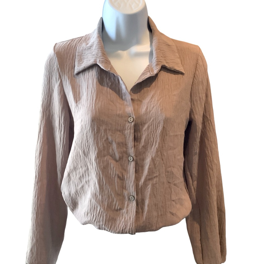 Wild Love Top Button Down Elastic Sleeves and Hem Long Sleeves Beige Size Small